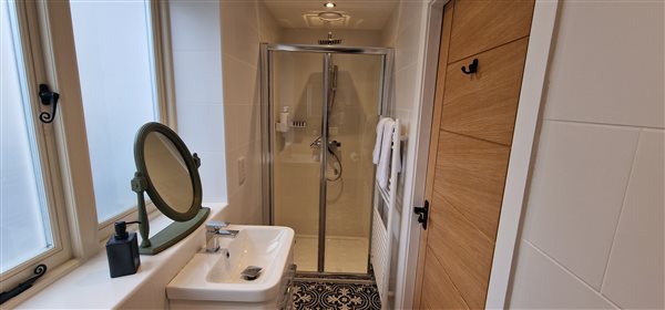 ground floor en-suite wash basin, free standing mirror on the window ledge, enclosed shower and towel rail